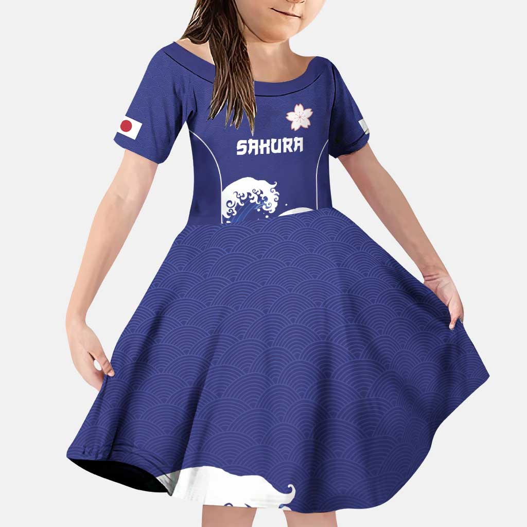 Japan Pacific Rugby Custom Family Matching Puletasi and Hawaiian Shirt Go Sakura Japanese Wave Pattern LT9 Daughter's Dress Blue - Polynesian Pride