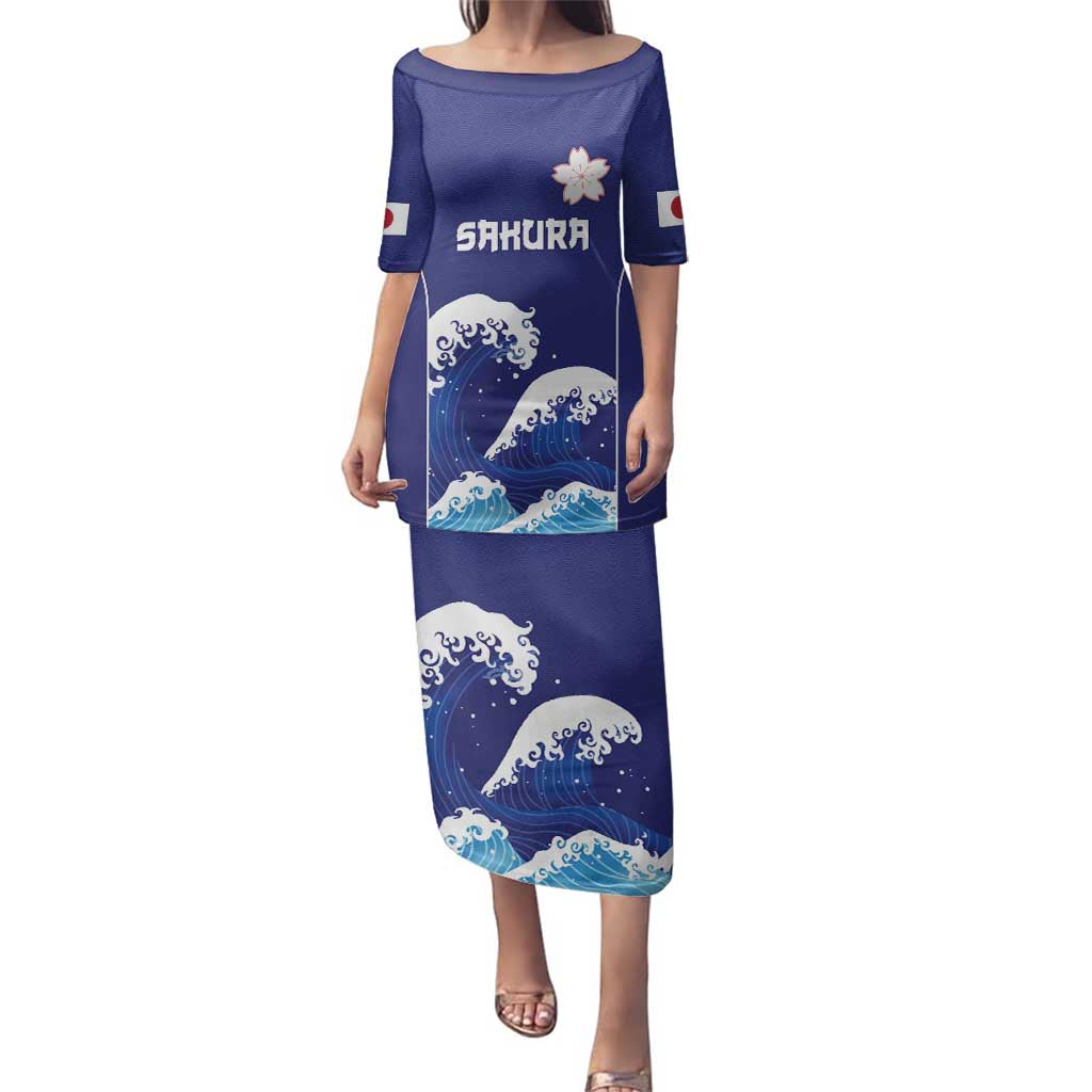 Japan Pacific Rugby Custom Family Matching Puletasi and Hawaiian Shirt Go Sakura Japanese Wave Pattern LT9 Mom's Dress Blue - Polynesian Pride