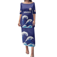 Japan Pacific Rugby Custom Family Matching Puletasi and Hawaiian Shirt Go Sakura Japanese Wave Pattern LT9 Mom's Dress Blue - Polynesian Pride