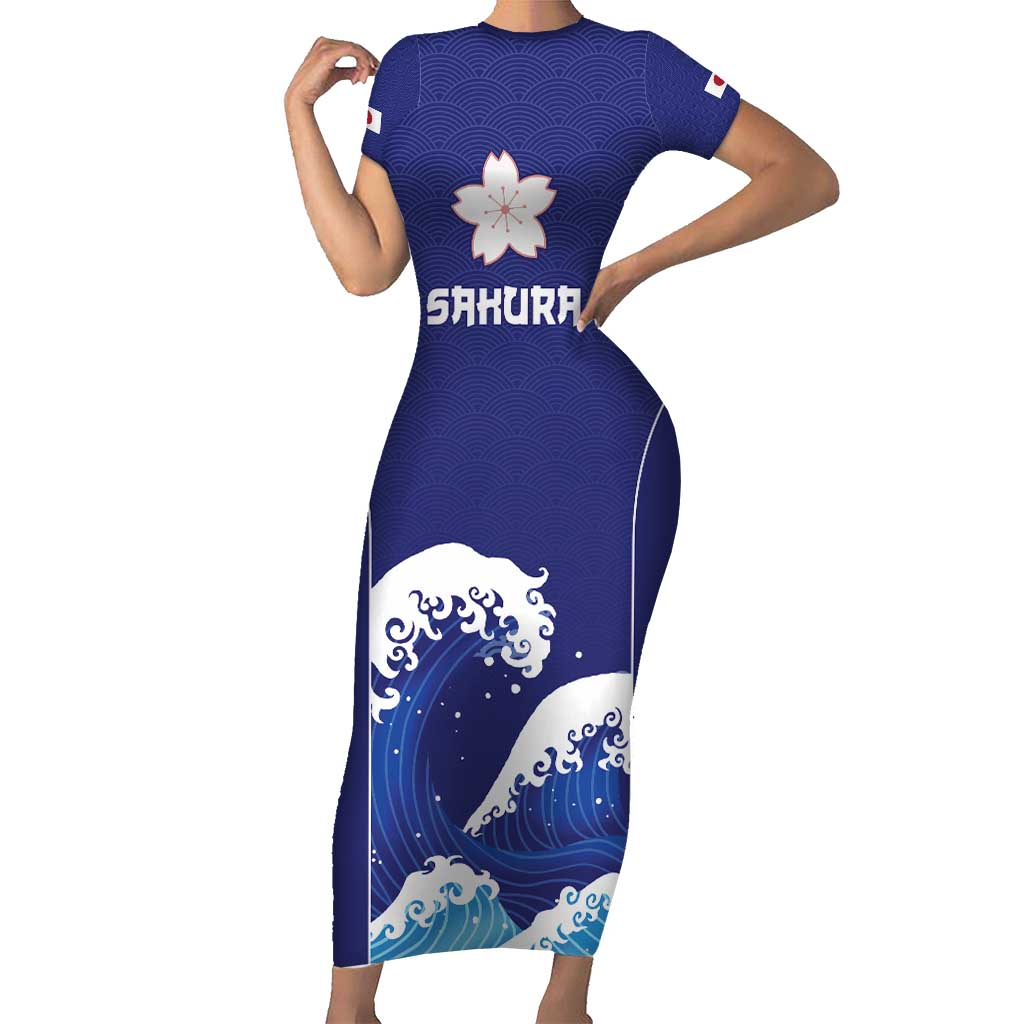 Japan Pacific Rugby Custom Family Matching Short Sleeve Bodycon Dress and Hawaiian Shirt Go Sakura Japanese Wave Pattern LT9 Mom's Dress Blue - Polynesian Pride