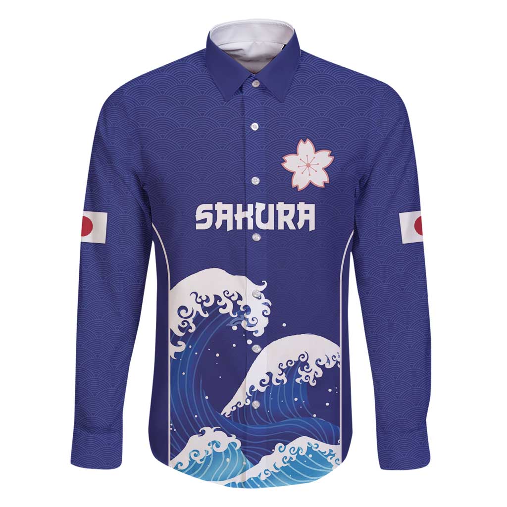 Japan Pacific Rugby Custom Family Matching Summer Maxi Dress and Hawaiian Shirt Go Sakura Japanese Wave Pattern LT9 Dad's Shirt - Long Sleeve Blue - Polynesian Pride
