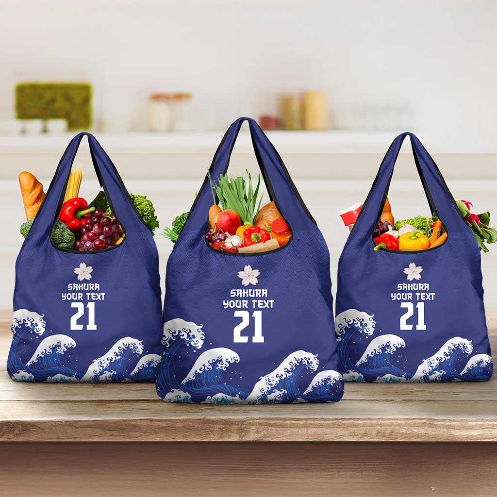 Japan Pacific Rugby Custom Grocery Bag Go Sakura Japanese Wave Pattern LT9 3-pack One Size Blue - Polynesian Pride