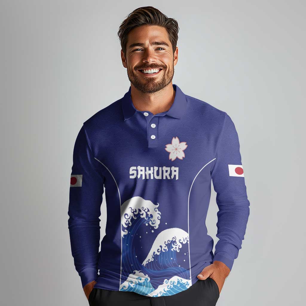 Japan Pacific Rugby Custom Long Sleeve Polo Shirt Go Sakura Japanese Wave Pattern