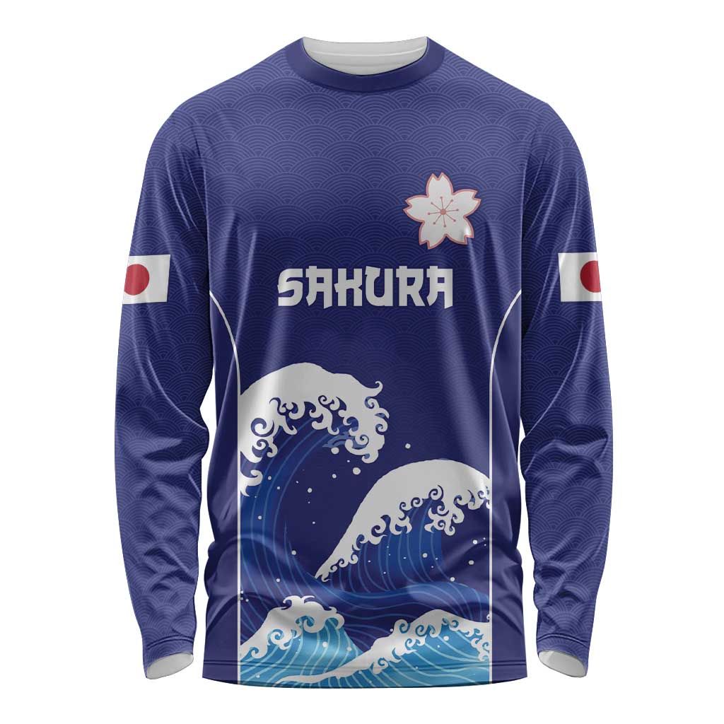 Japan Pacific Rugby Custom Long Sleeve Shirt Go Sakura Japanese Wave Pattern LT9 Unisex Blue - Polynesian Pride