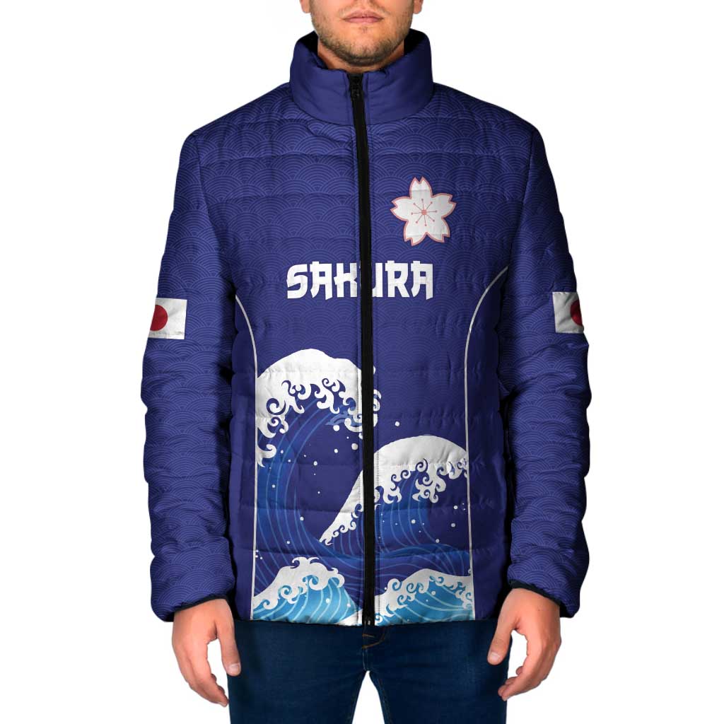 Japan Pacific Rugby Custom Padded Jacket Go Sakura Japanese Wave Pattern LT9 Men Blue - Polynesian Pride