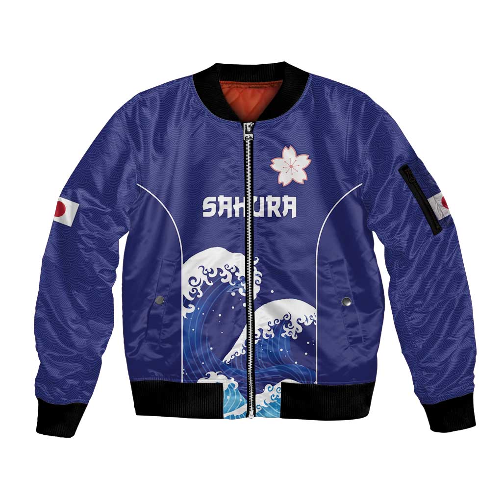 Japan Pacific Rugby Custom Sleeve Zip Bomber Jacket Go Sakura Japanese Wave Pattern