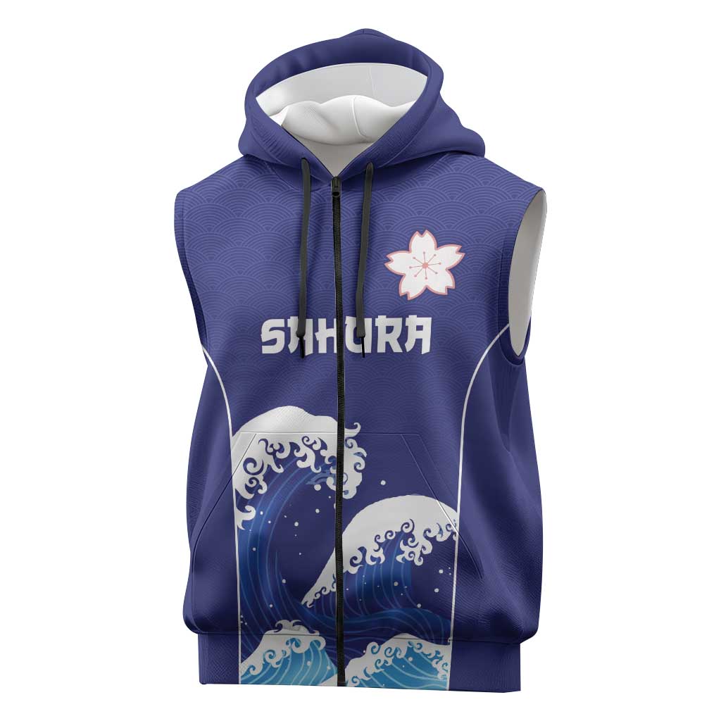 Japan Pacific Rugby Custom Sleeveless Zip Hoodie Go Sakura Japanese Wave Pattern LT9 Blue - Polynesian Pride