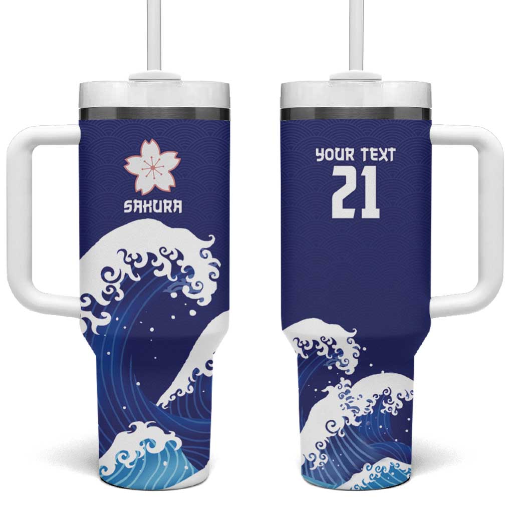 Japan Pacific Rugby Custom Tumbler With Handle Go Sakura Japanese Wave Pattern