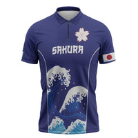 Japan Pacific Rugby Custom Zipper Polo Shirt Go Sakura Japanese Wave Pattern - Polynesian Pride