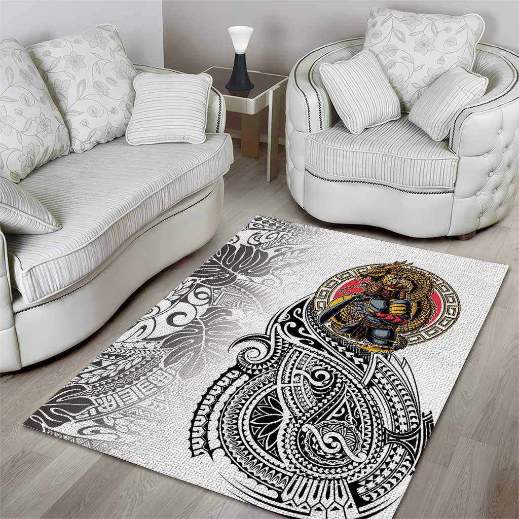 Japanese Samurai Warrior Area Rug White Polynesian Tattoo Style