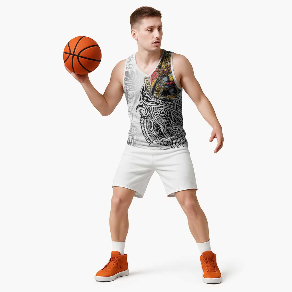 Japanese Samurai Warrior Basketball Jersey White Polynesian Tattoo Style - Polynesian Pride