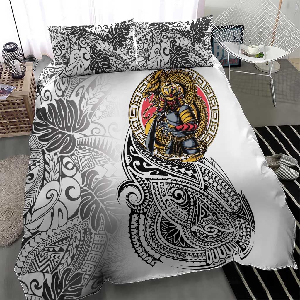 Japanese Samurai Warrior Bedding Set White Polynesian Tattoo Style