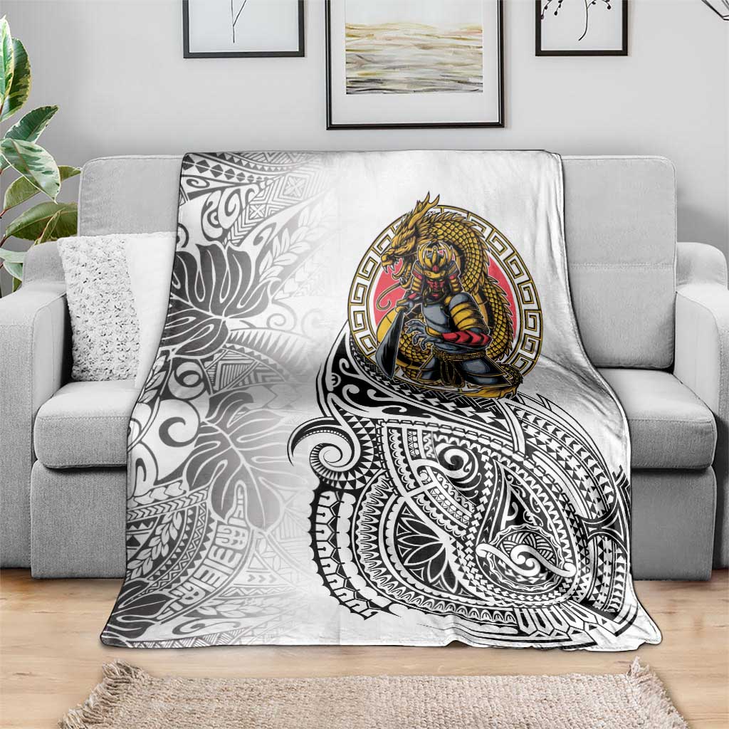 Japanese Samurai Warrior Blanket White Polynesian Tattoo Style