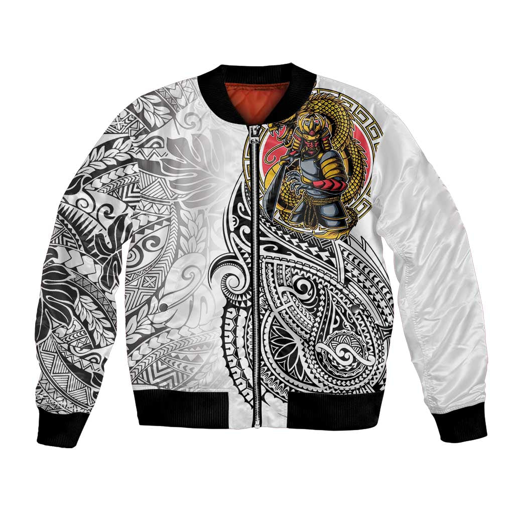 Japanese Samurai Warrior Bomber Jacket White Polynesian Tattoo Style