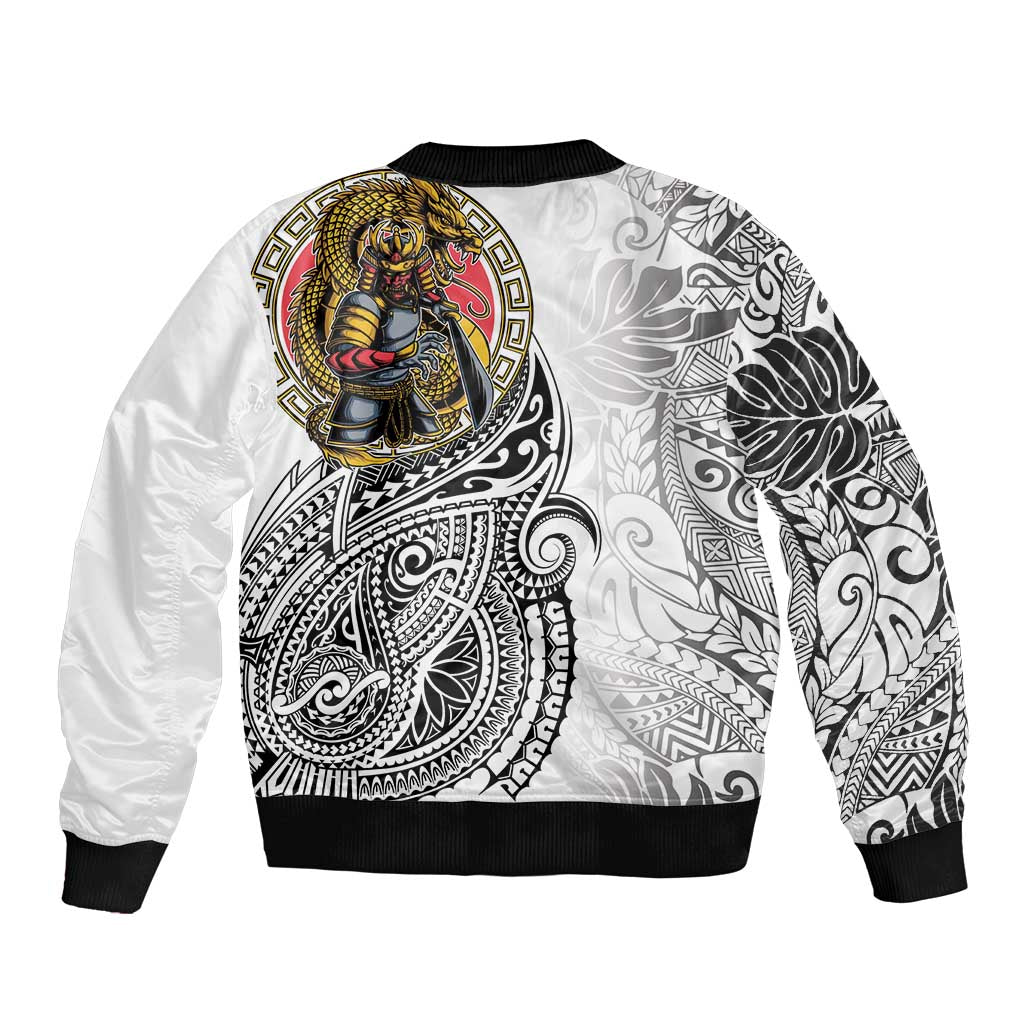 Japanese Samurai Warrior Bomber Jacket White Polynesian Tattoo Style