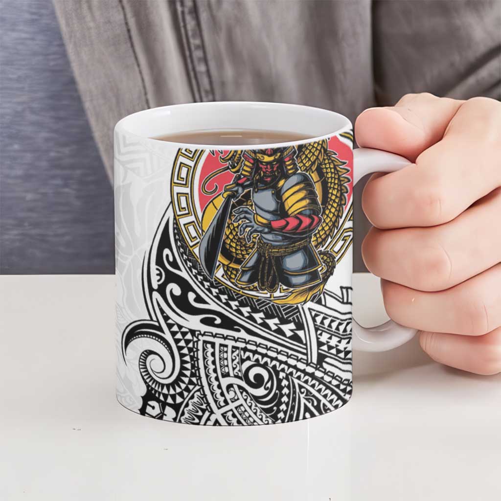 Japanese Samurai Warrior Ceramic Mug White Polynesian Tattoo Style LT9 - Polynesian Pride