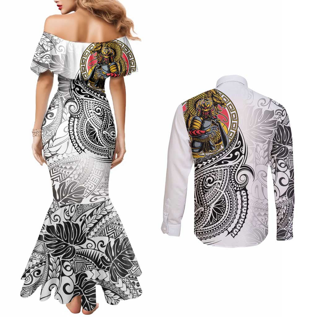 Japanese Samurai Warrior Couples Matching Mermaid Dress and Long Sleeve Button Shirt White Polynesian Tattoo Style LT9 - Polynesian Pride