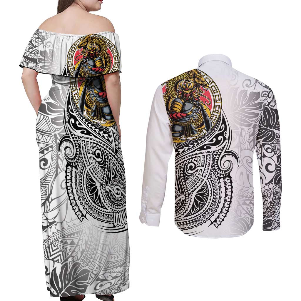 Japanese Samurai Warrior Couples Matching Off Shoulder Maxi Dress and Long Sleeve Button Shirt White Polynesian Tattoo Style LT9 - Polynesian Pride