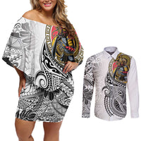 Japanese Samurai Warrior Couples Matching Off Shoulder Short Dress and Long Sleeve Button Shirt White Polynesian Tattoo Style LT9 White - Polynesian Pride