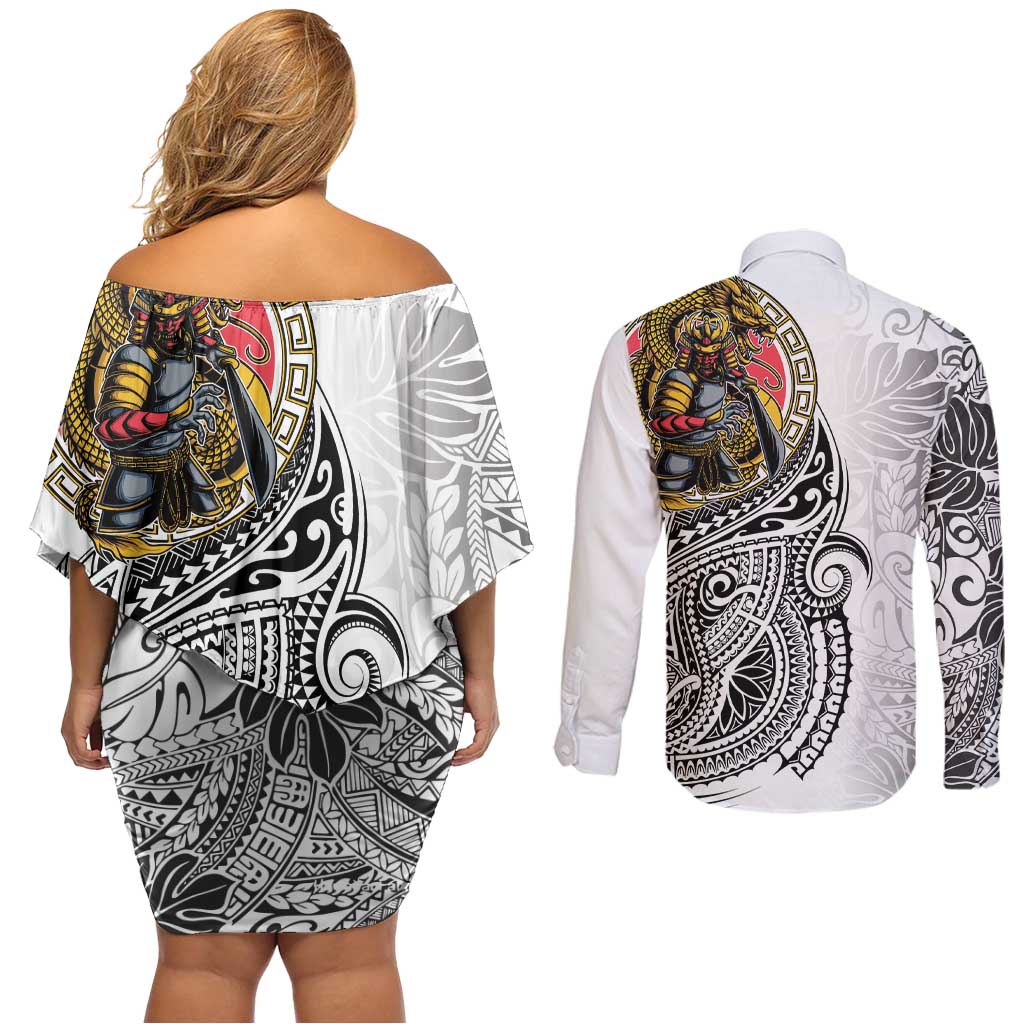Japanese Samurai Warrior Couples Matching Off Shoulder Short Dress and Long Sleeve Button Shirt White Polynesian Tattoo Style LT9 - Polynesian Pride