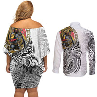 Japanese Samurai Warrior Couples Matching Off Shoulder Short Dress and Long Sleeve Button Shirt White Polynesian Tattoo Style LT9 - Polynesian Pride