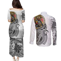 Japanese Samurai Warrior Couples Matching Puletasi and Long Sleeve Button Shirt White Polynesian Tattoo Style