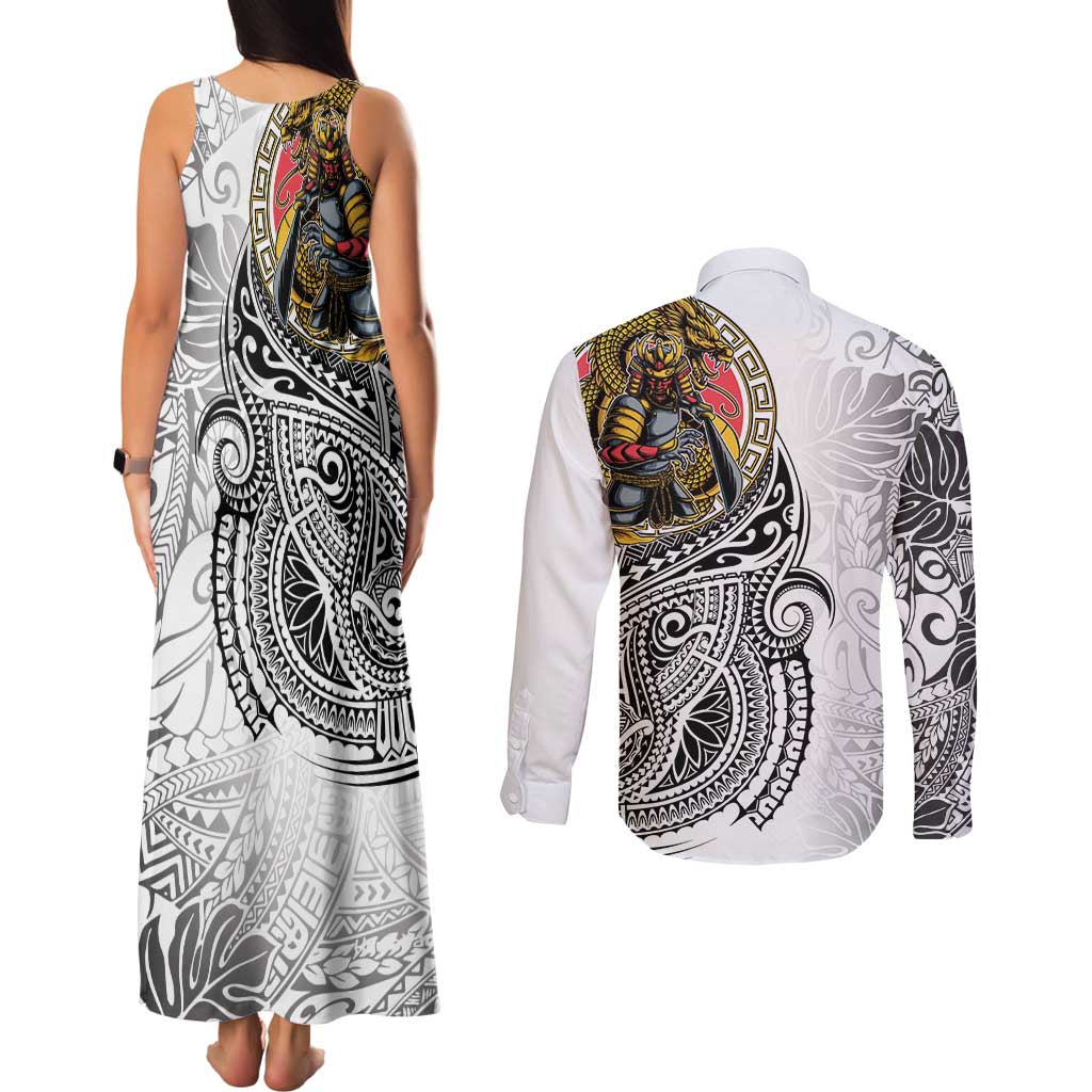 Japanese Samurai Warrior Couples Matching Tank Maxi Dress and Long Sleeve Button Shirt White Polynesian Tattoo Style LT9 - Polynesian Pride