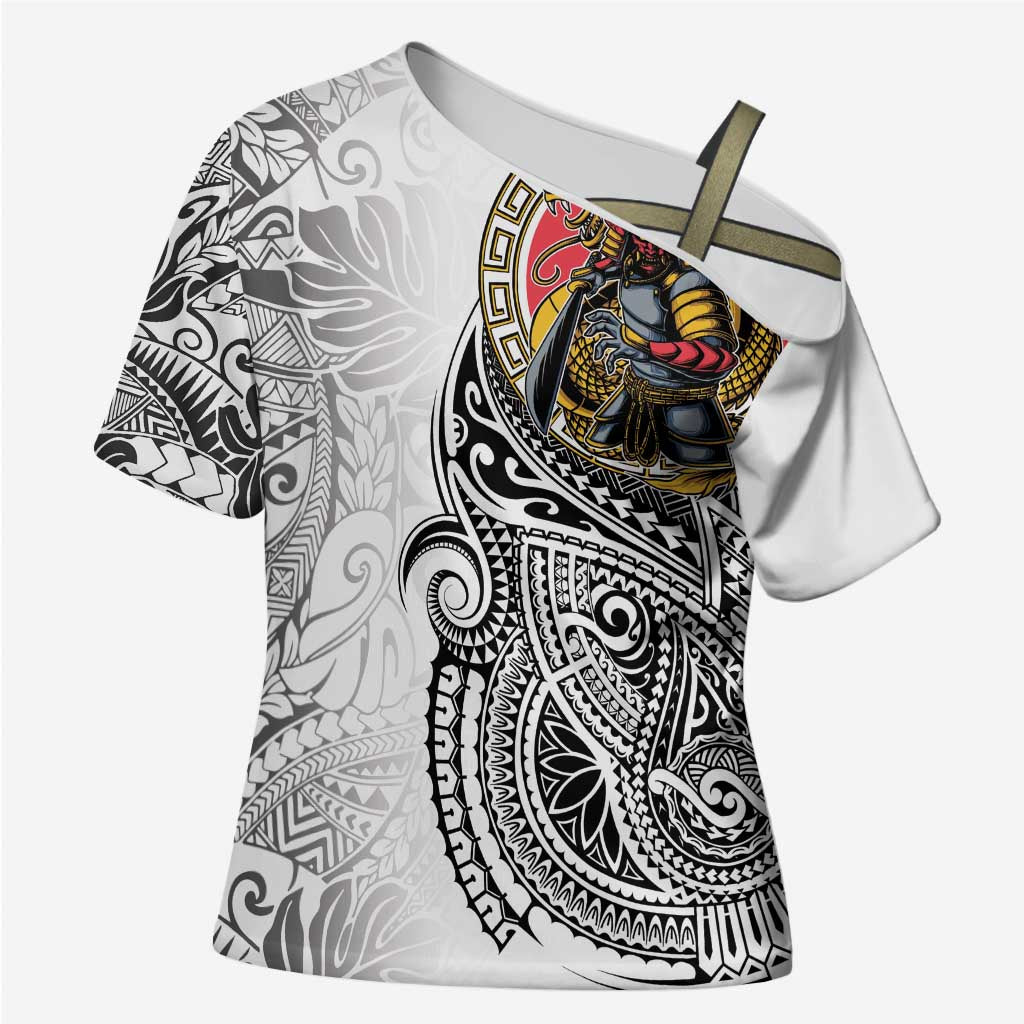 Japanese Samurai Warrior Cross Shoulder Shirt White Polynesian Tattoo Style LT9 Female White - Polynesian Pride
