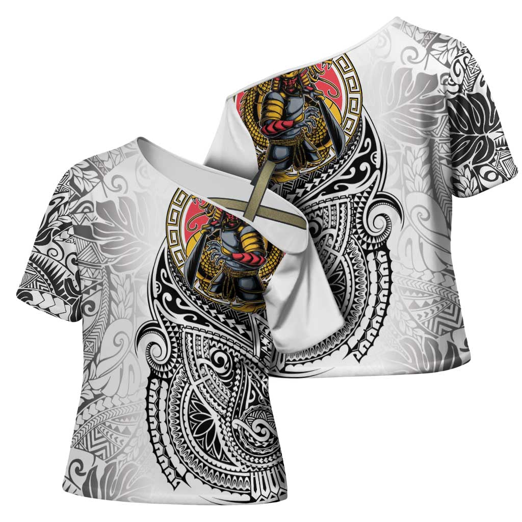 Japanese Samurai Warrior Cross Shoulder Shirt White Polynesian Tattoo Style LT9 - Polynesian Pride