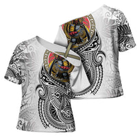 Japanese Samurai Warrior Cross Shoulder Shirt White Polynesian Tattoo Style LT9 - Polynesian Pride