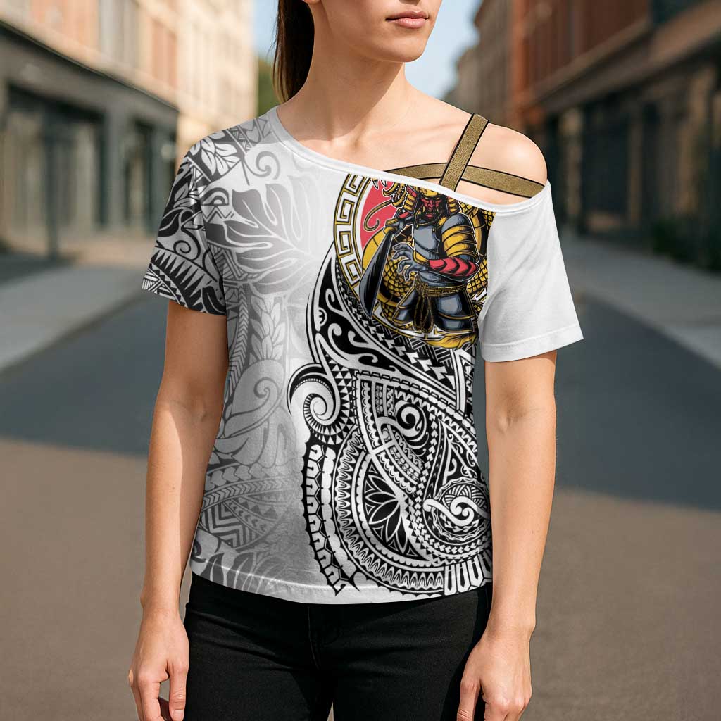 Japanese Samurai Warrior Cross Shoulder Shirt White Polynesian Tattoo Style LT9 - Polynesian Pride