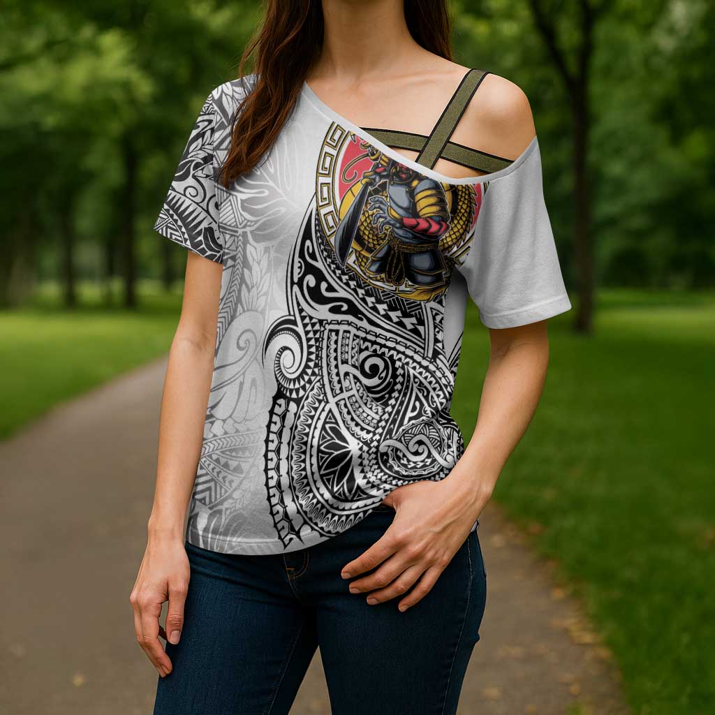 Japanese Samurai Warrior Cross Shoulder Shirt White Polynesian Tattoo Style LT9 - Polynesian Pride