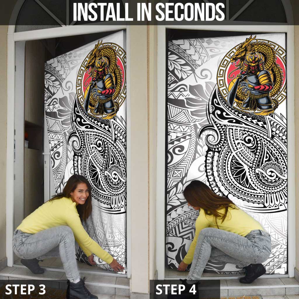 Japanese Samurai Warrior Door Cover White Polynesian Tattoo Style LT9 - Polynesian Pride