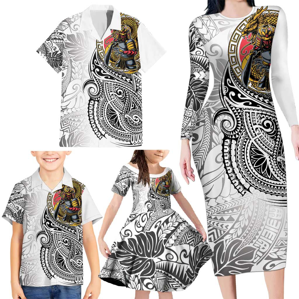 Japanese Samurai Warrior Family Matching Long Sleeve Bodycon Dress and Hawaiian Shirt White Polynesian Tattoo Style