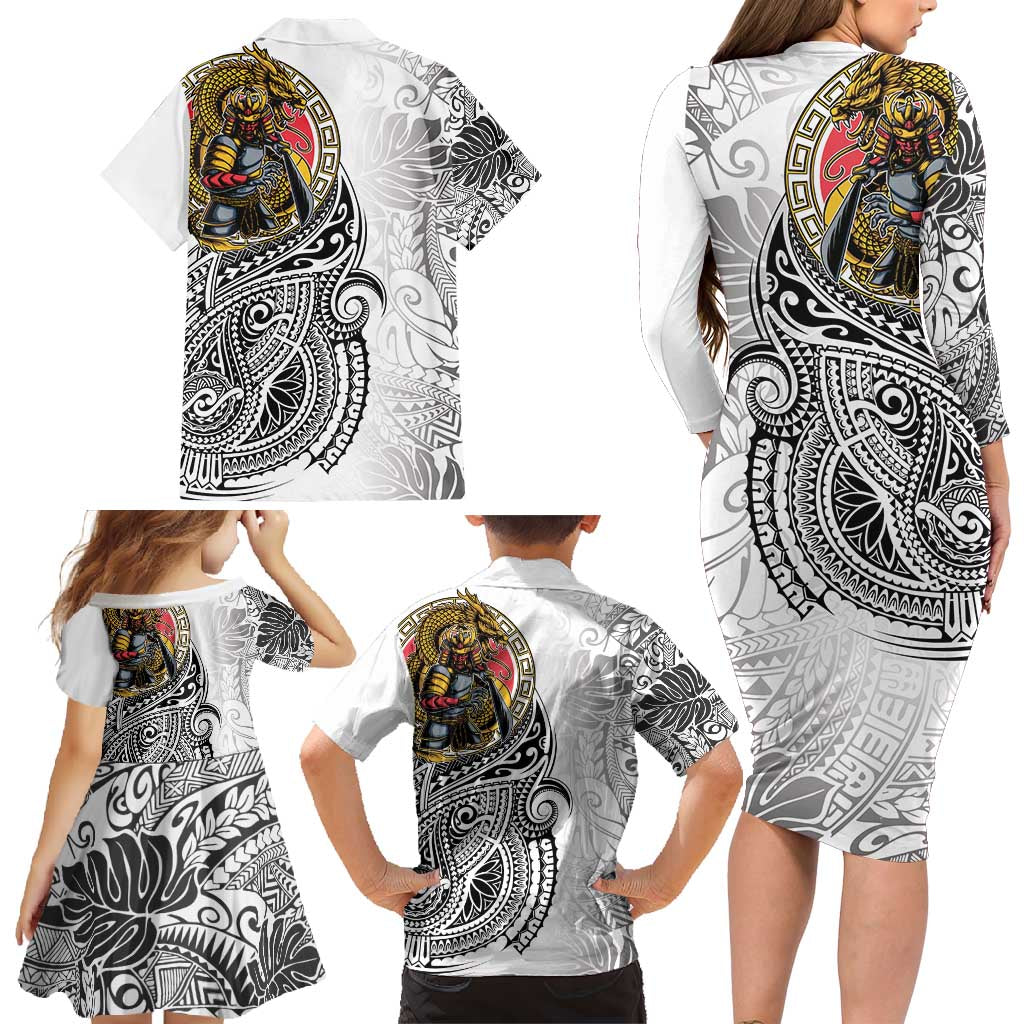 Japanese Samurai Warrior Family Matching Long Sleeve Bodycon Dress and Hawaiian Shirt White Polynesian Tattoo Style