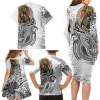 Japanese Samurai Warrior Family Matching Long Sleeve Bodycon Dress and Hawaiian Shirt White Polynesian Tattoo Style