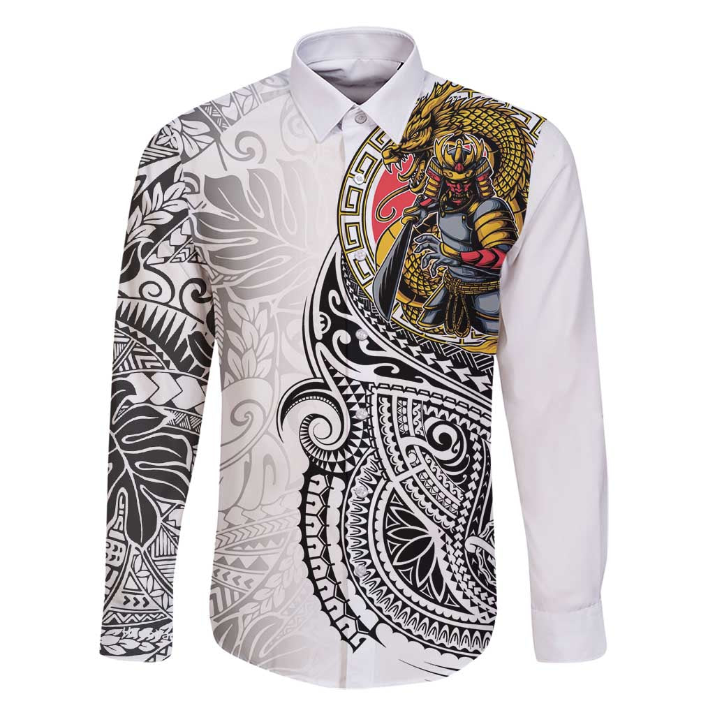 Japanese Samurai Warrior Family Matching Long Sleeve Bodycon Dress and Hawaiian Shirt White Polynesian Tattoo Style