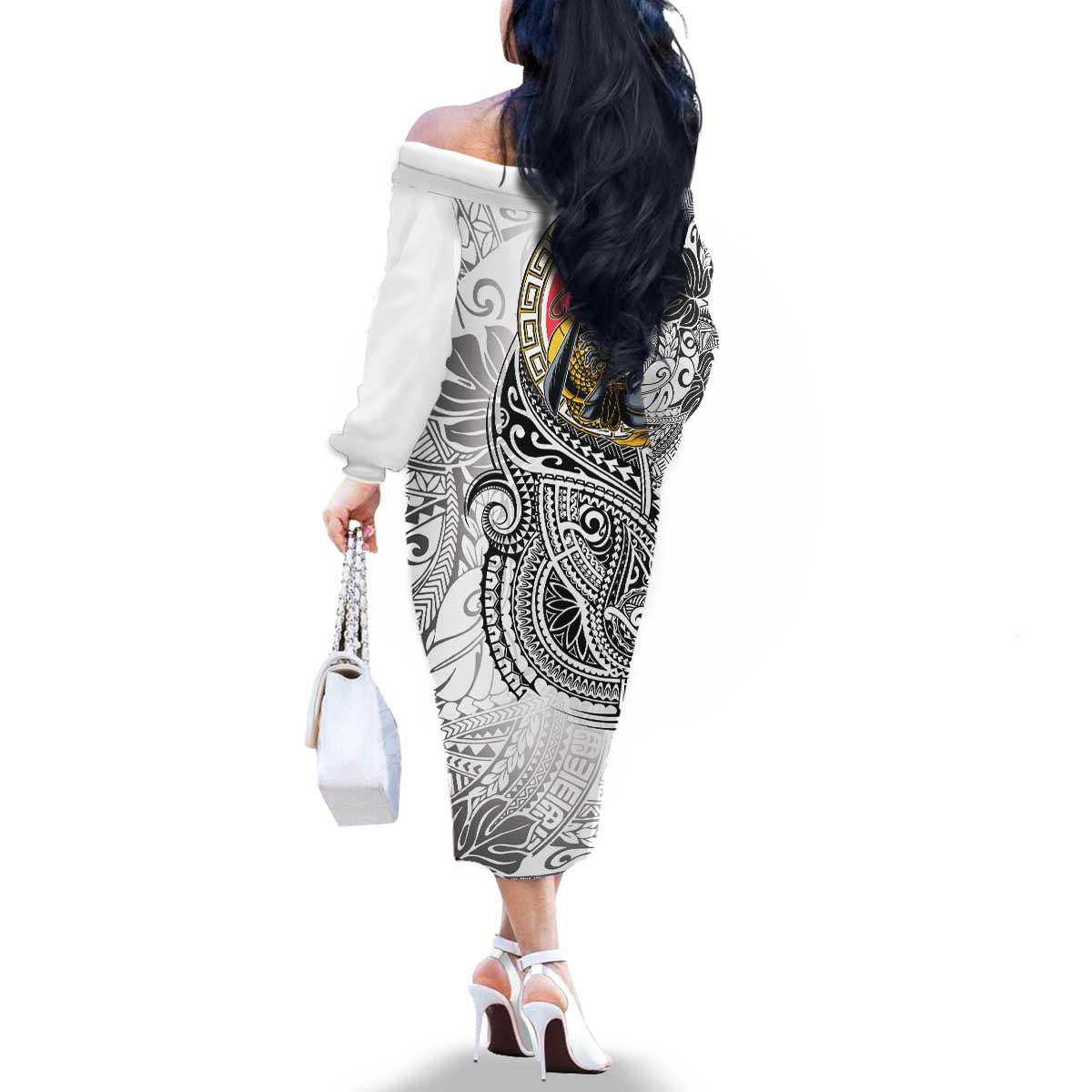 Japanese Samurai Warrior Family Matching Off The Shoulder Long Sleeve Dress and Hawaiian Shirt White Polynesian Tattoo Style