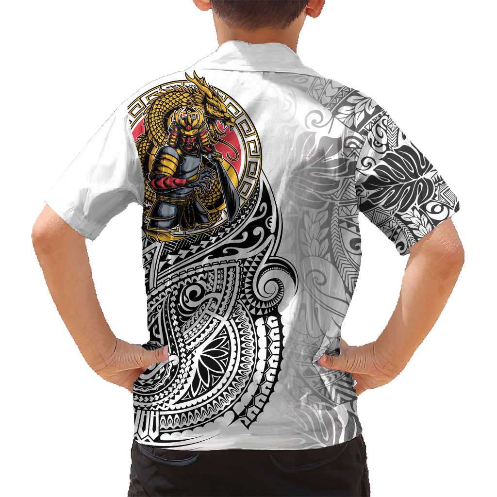 Japanese Samurai Warrior Family Matching Off Shoulder Short Dress and Hawaiian Shirt White Polynesian Tattoo Style