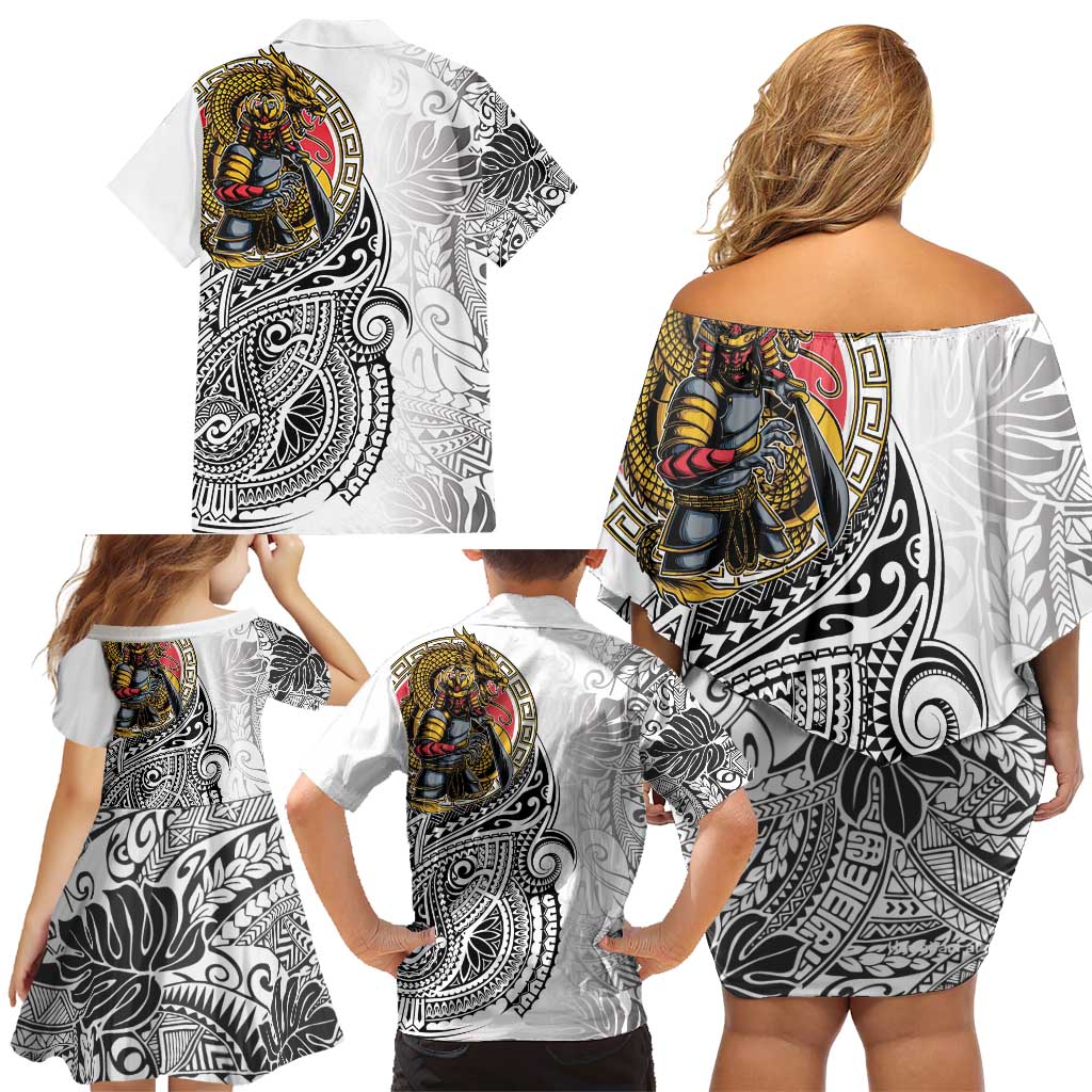 Japanese Samurai Warrior Family Matching Off Shoulder Short Dress and Hawaiian Shirt White Polynesian Tattoo Style