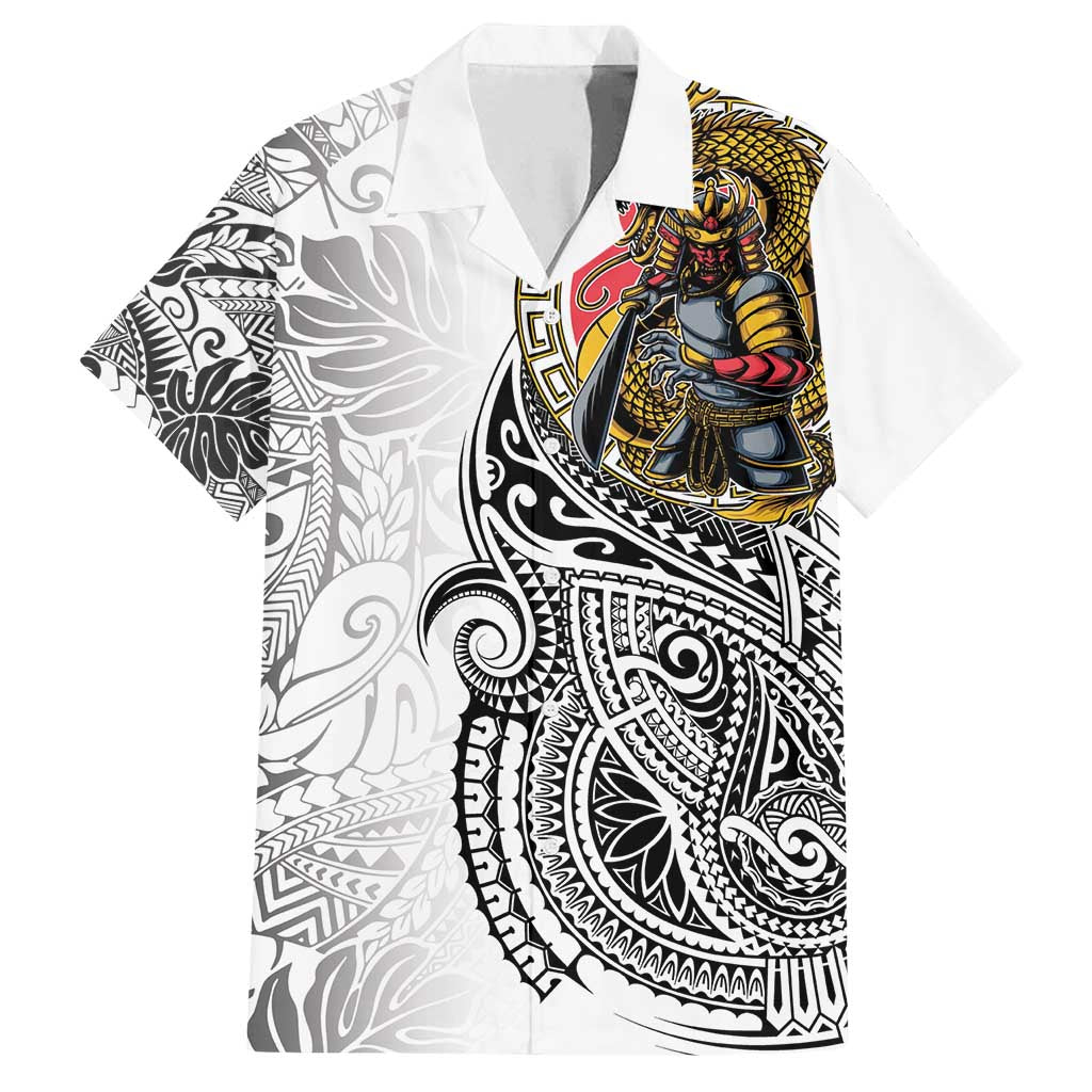 Japanese Samurai Warrior Family Matching Off Shoulder Short Dress and Hawaiian Shirt White Polynesian Tattoo Style
