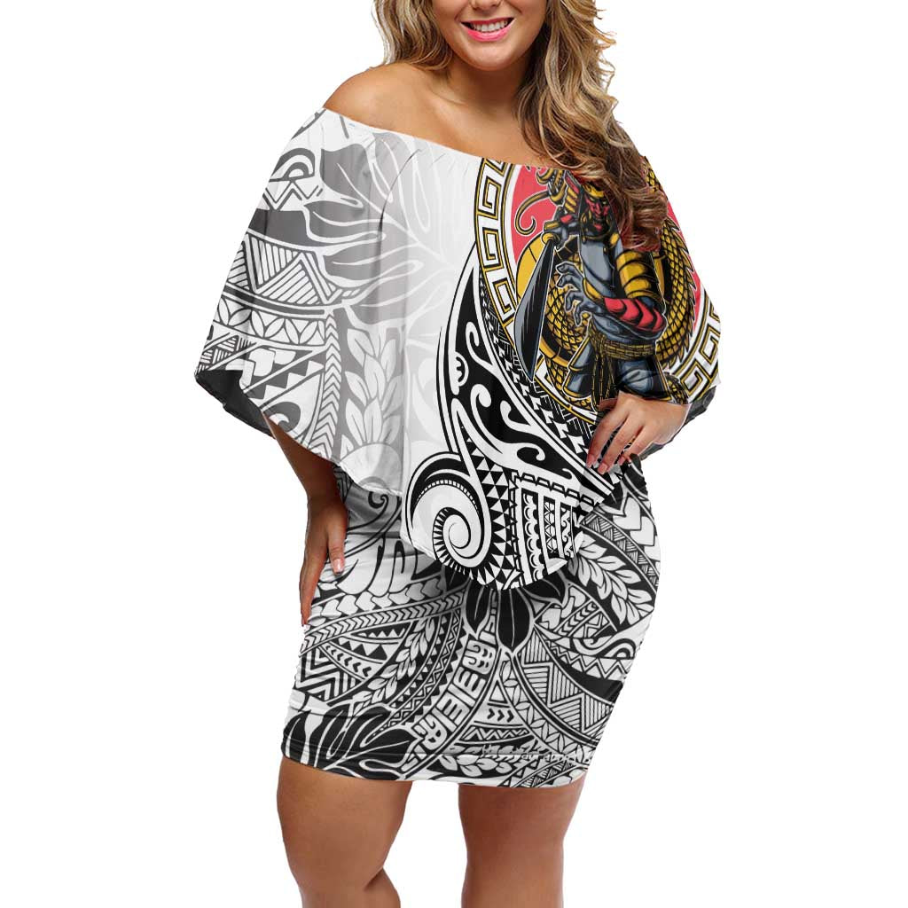 Japanese Samurai Warrior Family Matching Off Shoulder Short Dress and Hawaiian Shirt White Polynesian Tattoo Style