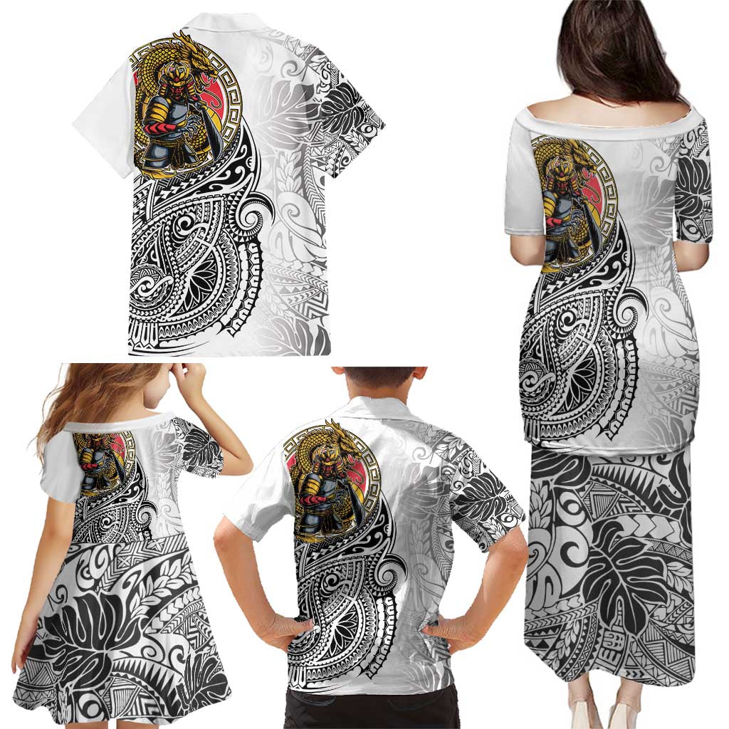 Japanese Samurai Warrior Family Matching Puletasi and Hawaiian Shirt White Polynesian Tattoo Style