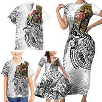 Japanese Samurai Warrior Family Matching Short Sleeve Bodycon Dress and Hawaiian Shirt White Polynesian Tattoo Style
