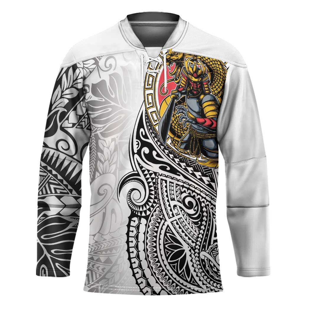 Japanese Samurai Warrior Hockey Jersey White Polynesian Tattoo Style LT9 Unisex White - Polynesian Pride