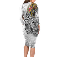 Japanese Samurai Warrior Long Sleeve Bodycon Dress White Polynesian Tattoo Style