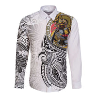 Japanese Samurai Warrior Long Sleeve Button Shirt White Polynesian Tattoo Style LT9 Unisex White - Polynesian Pride