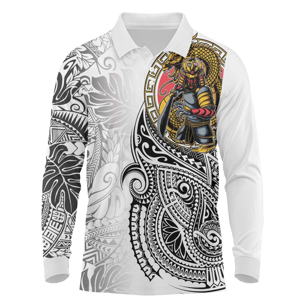 Japanese Samurai Warrior Long Sleeve Polo Shirt White Polynesian Tattoo Style