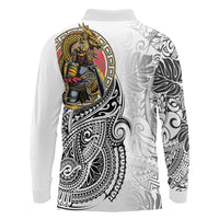 Japanese Samurai Warrior Long Sleeve Polo Shirt White Polynesian Tattoo Style