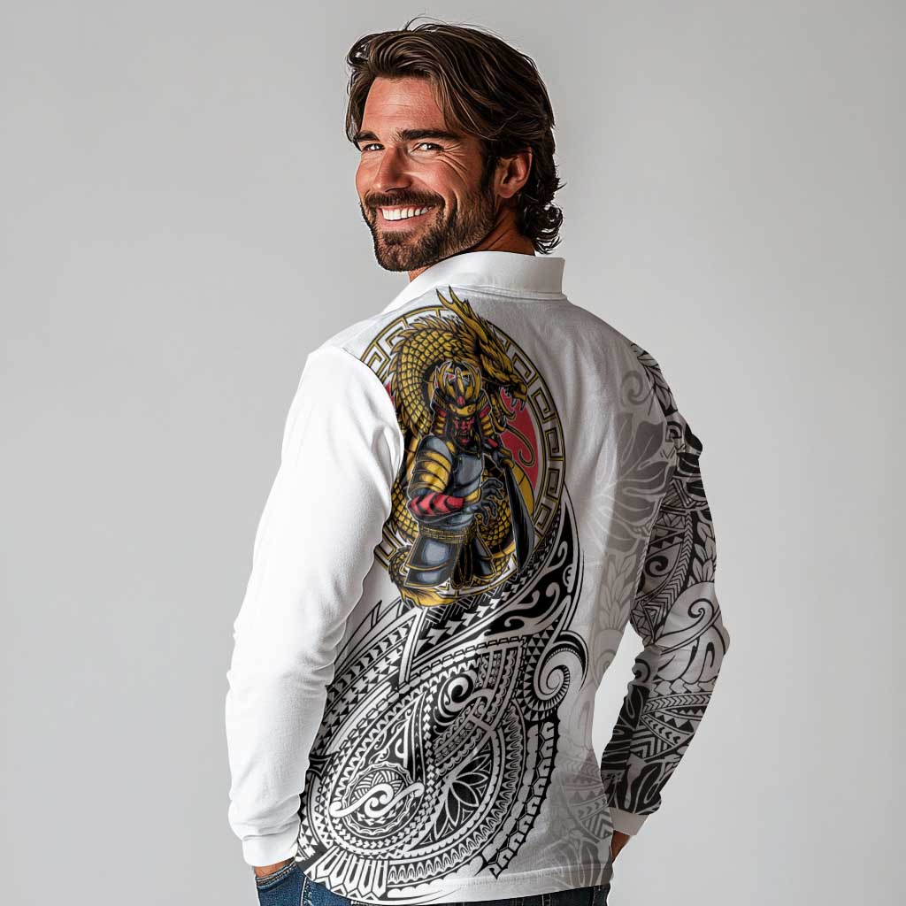Japanese Samurai Warrior Long Sleeve Polo Shirt White Polynesian Tattoo Style